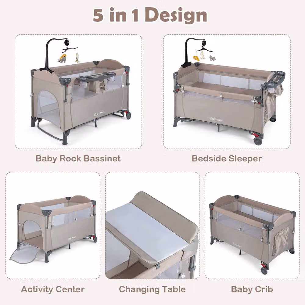 Costway 5-in-1 Baby Bassinet Bedside Sleeper and Portable Pack and Play in Beige – 4