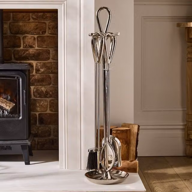 Dibor Contemporary 4-Piece Fireside Companion Set in Metallic Silver, Height: 90 cm – 1