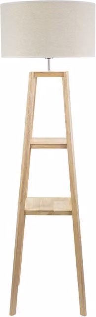 ValueLights Wakefield Double Shelf Wooden Floor Lamp with White Trim Drum Shade in Natural Wood