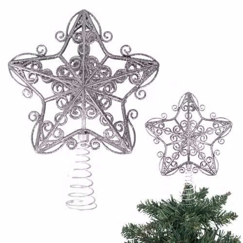 Shatchi Silver Glitter Star Christmas Tree Topper