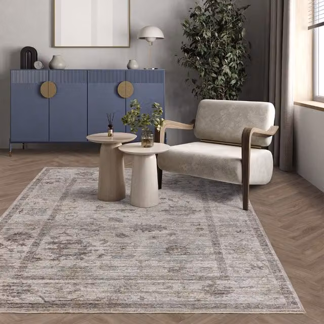 The Rug Shop UK Blue and Grey Floral Traditional Polyester Area Rug W: 200 cm, D: 300 cm