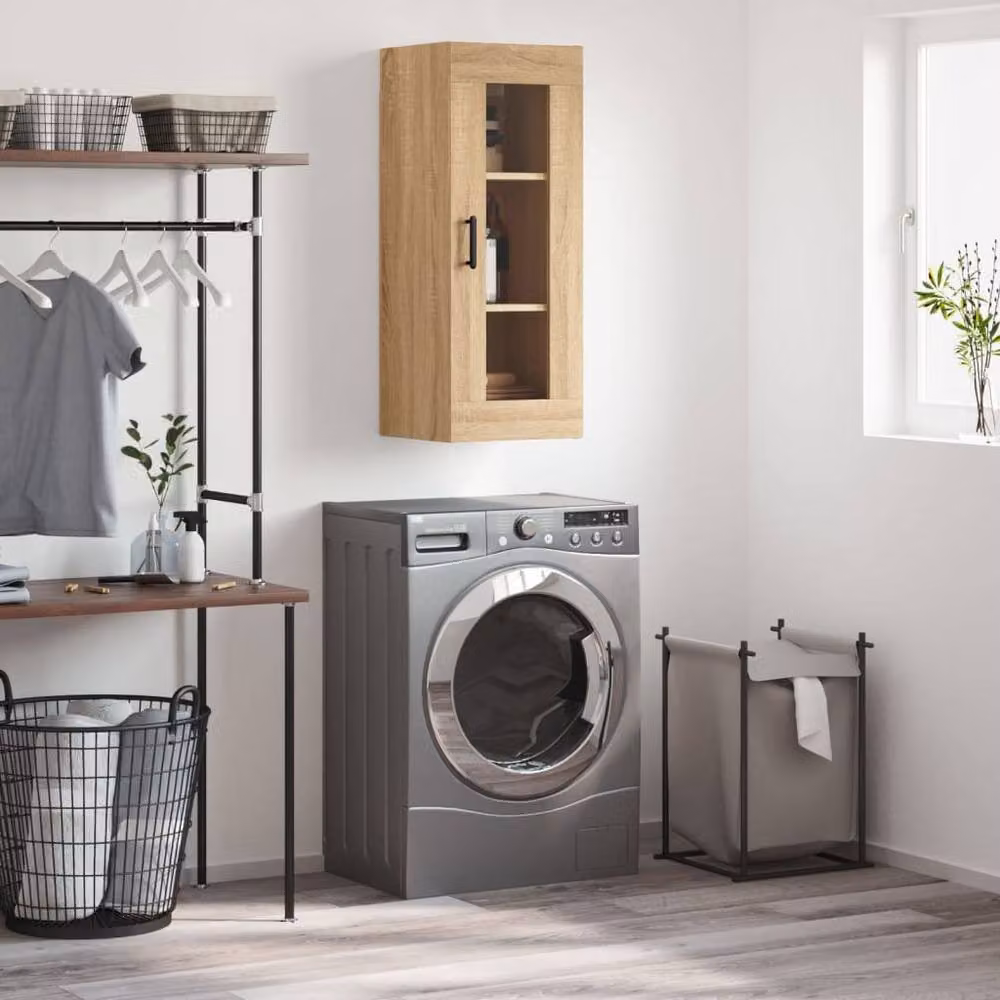 Berkfield Home Wall Mounted Sonoma Oak Cabinet with Glass Doors in Light Brown, W/D/H: 34.5 x 34 x 90 cm – 2