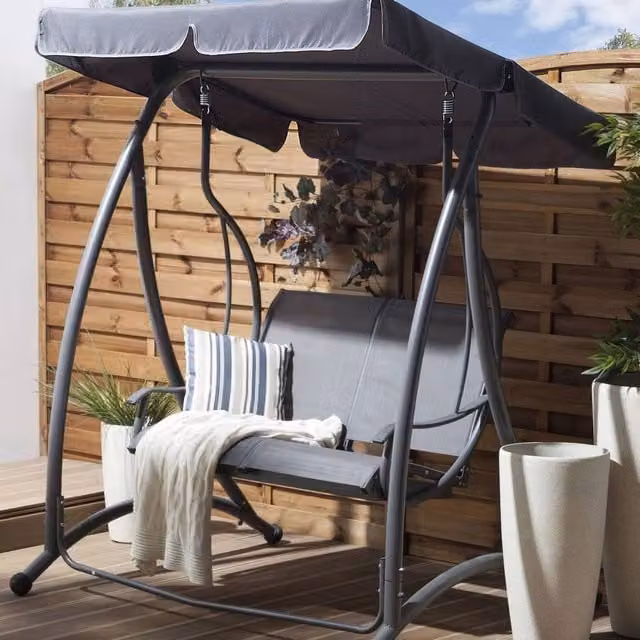 Wyld and Coco 2 Seater Modern Garden Swing with Sun Canopy in Grey Textilene and Powder Coated Steel – 1
