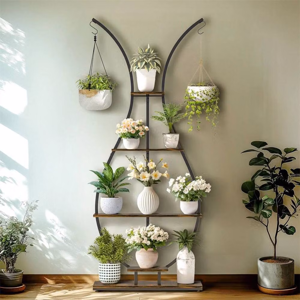 EONLION 5-Tier Curved Metal Plant Stand with Hanger in Brown, H 181 cm x W 74 cm x D 181 cm – 4