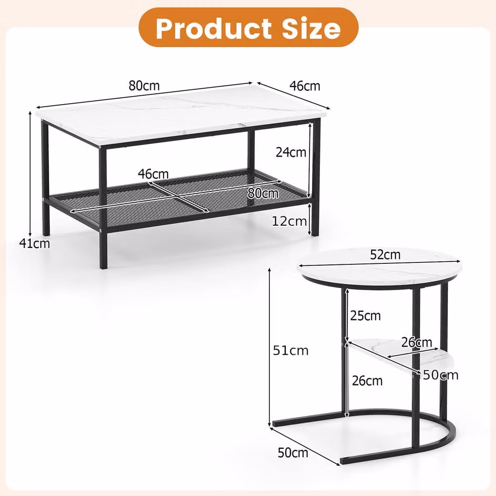 Gymax Set of 2 Nesting Coffee Tables with White Faux Marble Tops and Metal Legs – 2