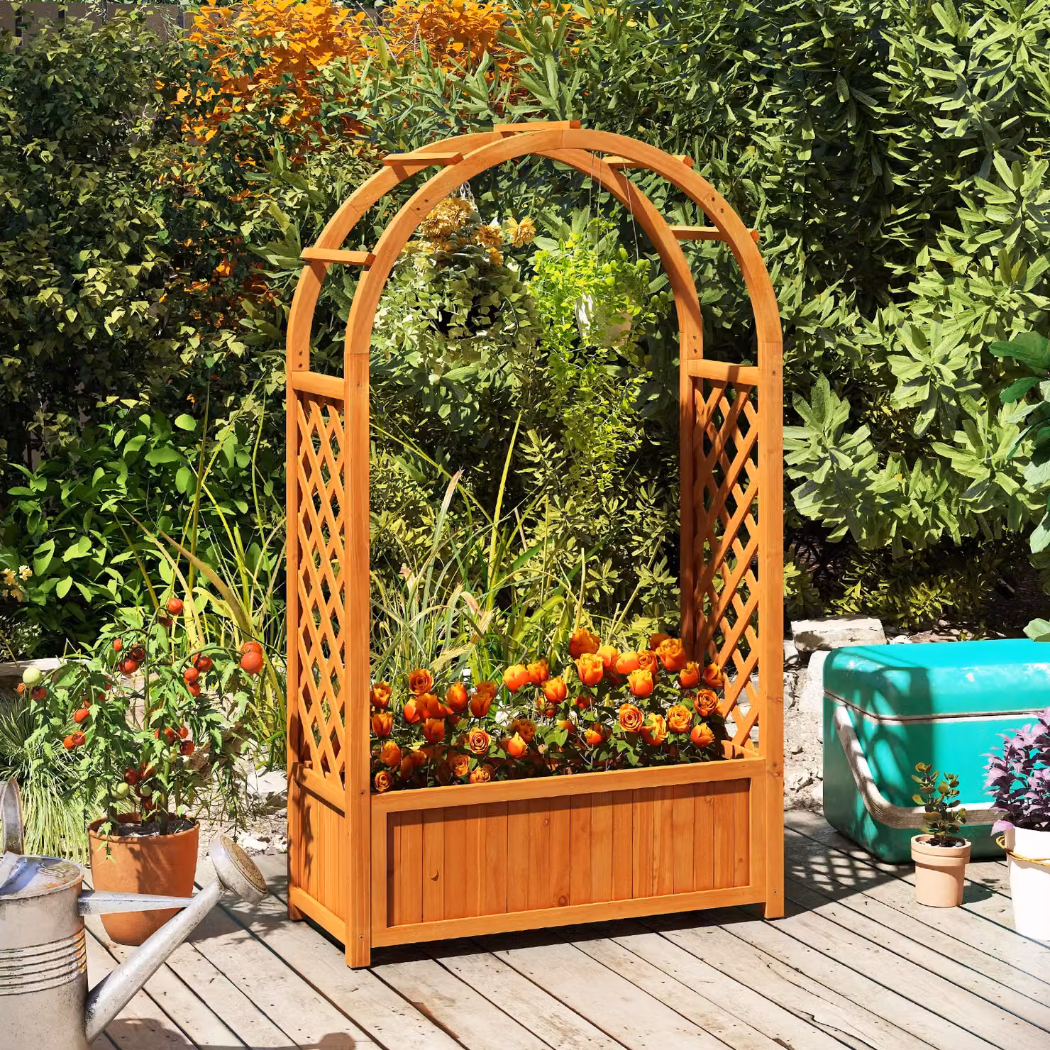 Gymax Wooden Raised Garden Bed with Arch Planter Box and Trellis, Brown – 4
