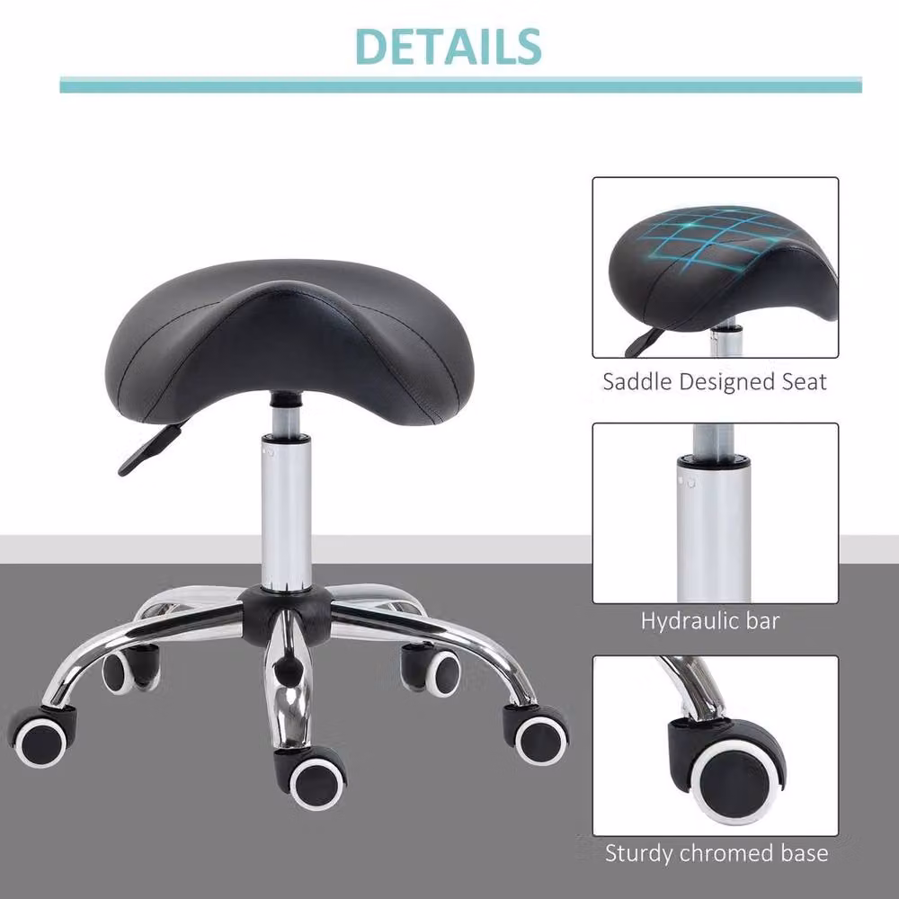 EONLION Black PU Leather Saddle Stool with Adjustable Height and Moulded Padded Seat – 3