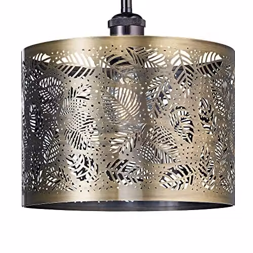 Happy Homewares Metal Pendant Light Shade with Fern Leaf Decoration in Gold/Brass, Diameter: 25 cm – 1