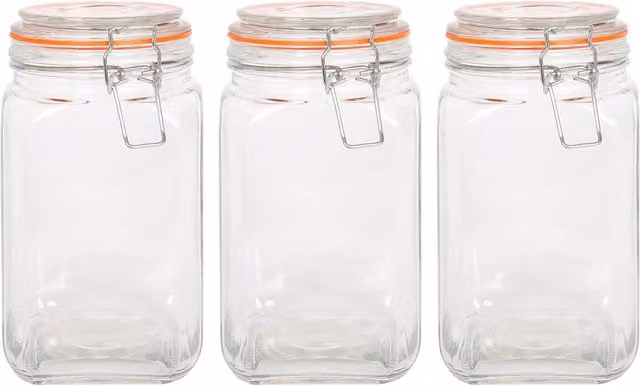 Argon Tableware Square Glass Jar with Clip-Top Lid, Transparent, 1.25 l (Pack of 3)