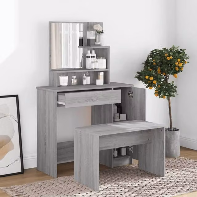 Berkfield Home Beautiful Dressing Table with Mirror in Grey Sonoma, W: 86.5 cm, D: 35 cm, H: 136 cm
