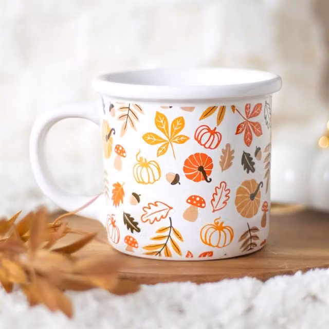 Autumn Leaves and Pumpkins Cozy Mug in Multicolor Orange and Red