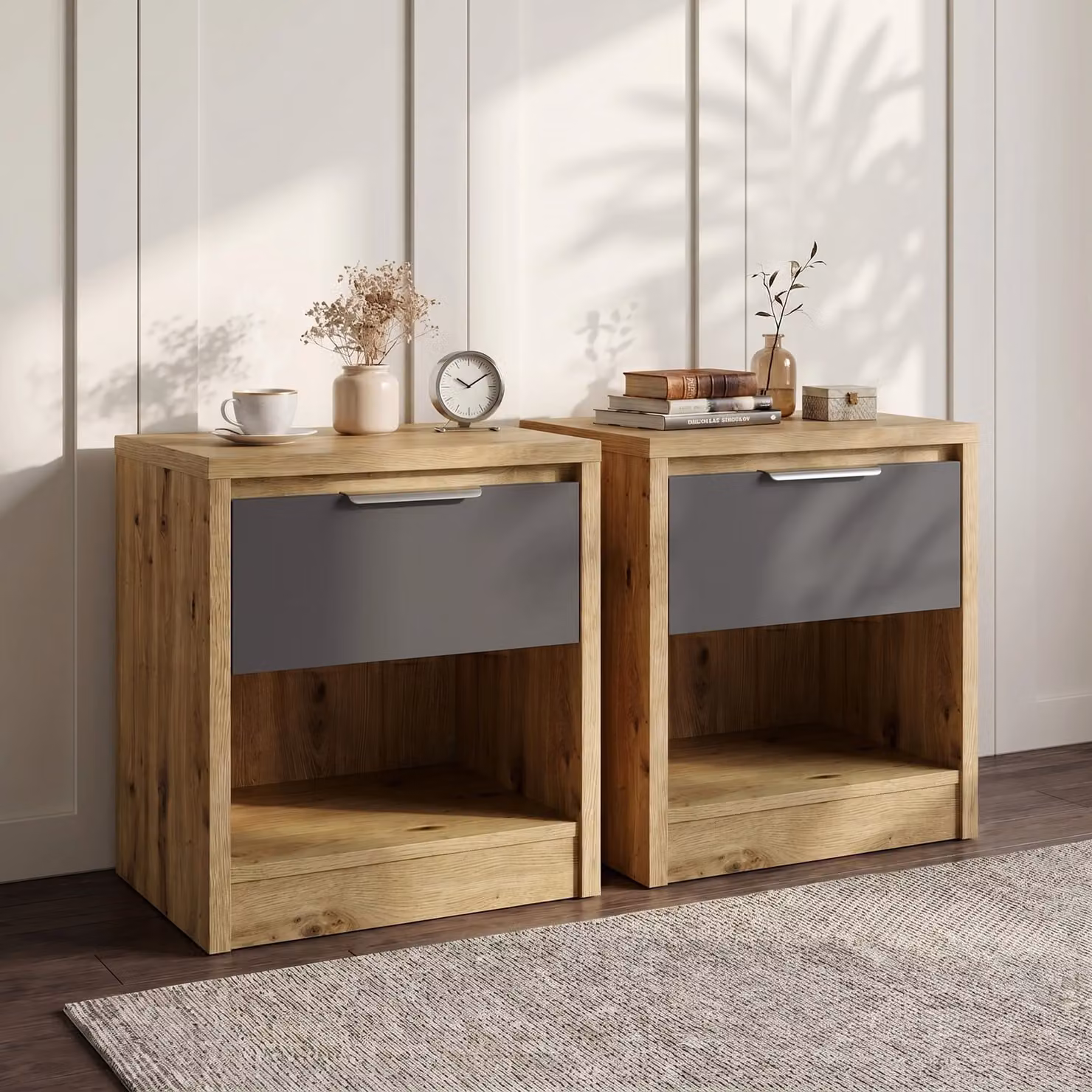 Skova Pair of Modern Oak and Grey Bedside Tables with Drawers, W/D/H: 40 x 45 x 52 cm