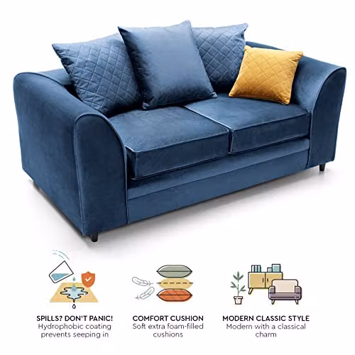 Abakus Direct Chicago 2 Seater Velvet Sofa in Blue, W/D/H: 160 x 89 x 78 cm – 4