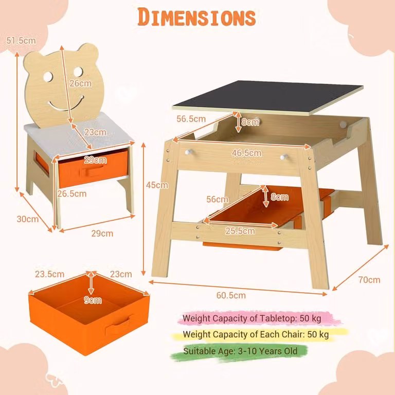 CASART Kids Wooden Activity Table and 2 Chairs Set in Multicolour with Double-Sized Rectangular Tabletop