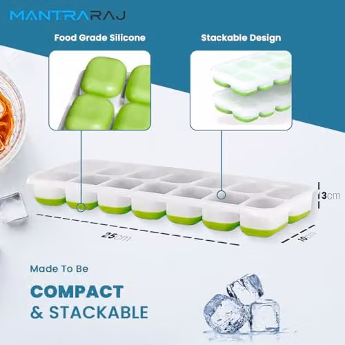 MANTRARAJ Pack of 3 Blue Silicone Ice Cube Trays with Non-Spill Lids and Ice Tong, 9-Compartment Stackable Moulds – 2