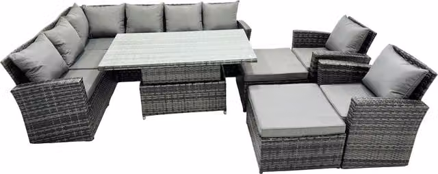Fimous Poly Rattan L-Shape Corner Sofa Set in Dark Grey Mixed with Adjustable Lifting Table, 2 Stools and 2 Chairs
