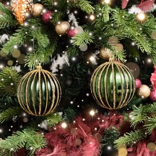 Melody Maison Set of 2 Green and Silver Striped Hanging Christmas Baubles, Diameter: 8 cm