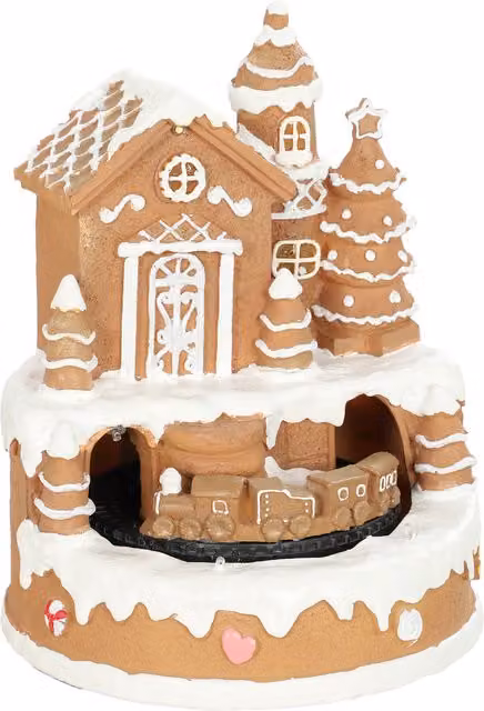 HOMCOM Christmas Gingerbread House Lighted Musical Snow Village with Rotating Train and LEDs in White and Brown