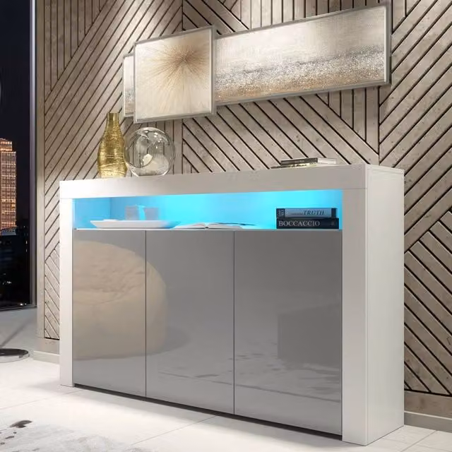 PAWNORA Modern Glossy Sideboard TV Stand and Storage Cabinet in Grey and White with Integrated Lighting – 1