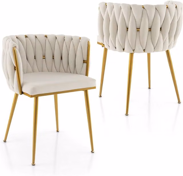 COSTWAY Set of 2 Upholstered Dining Chairs in White with Metal Frame