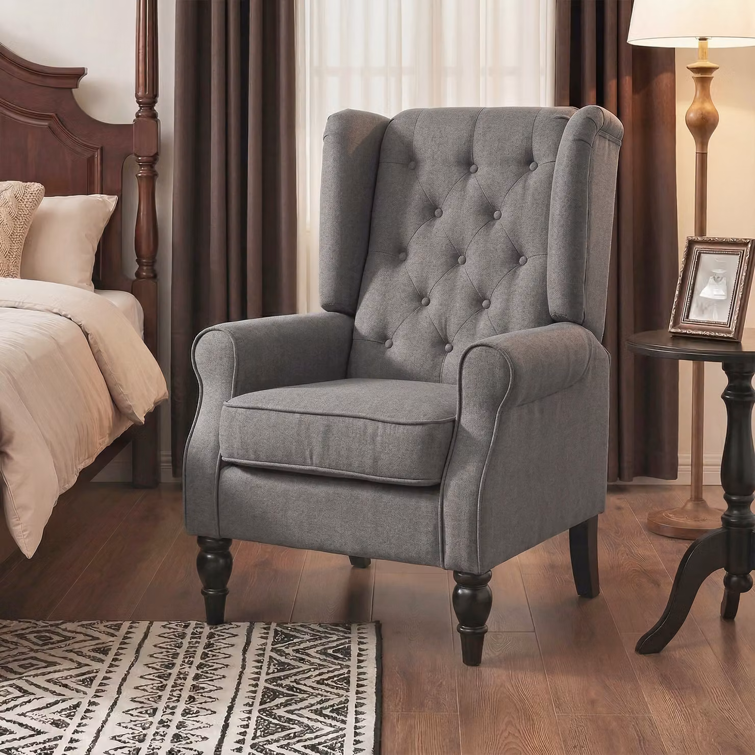 HOMCOM Wingback Occasional Armchair with Solid Wood Frame and Foam Cushion in Dark Grey Linen Fabric – 8
