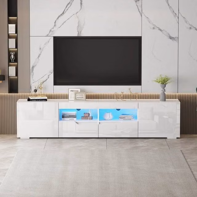FORGEVIO Modern White High Gloss TV Unit Stand with Integrated LED Lights – 1