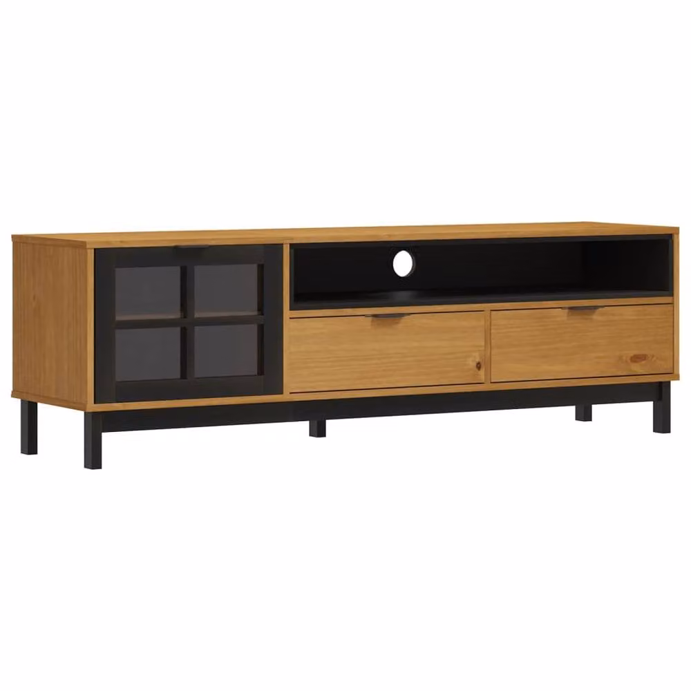 Berkfield Home FLAM TV Cabinet with Glass Door in Brown Solid Pine Wood, W/D/H: 158 x 40 x 50 cm – 2
