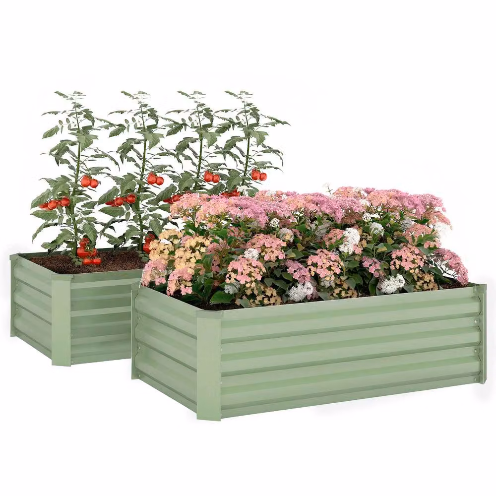 OUTSUNNY Set of 2 Galvanised Steel Raised Garden Bed Planter Boxes, Green, W/D/H: 60 x 30 x 60 cm – 2
