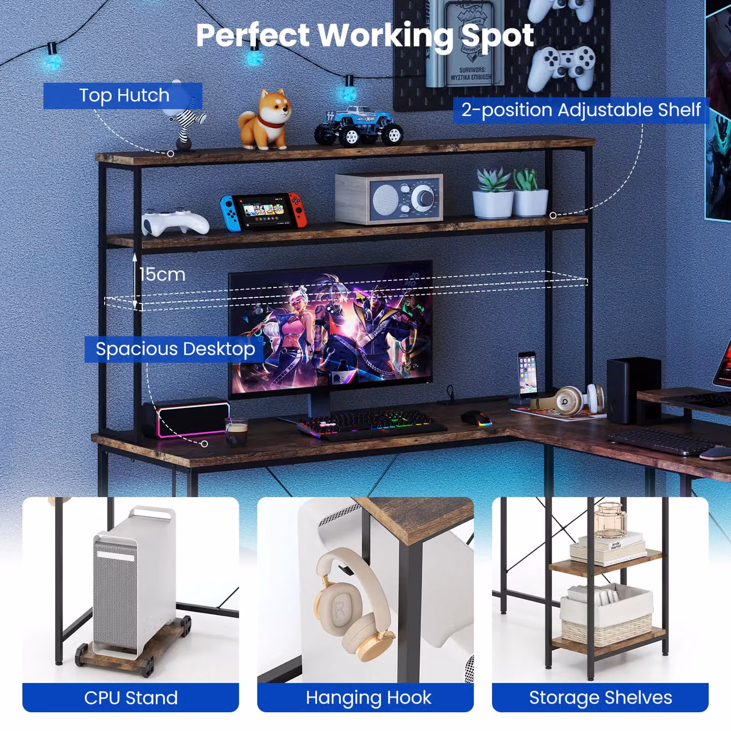 Costway L-Shaped Reversible Corner Gaming Desk with LED Strip in Brown – 4