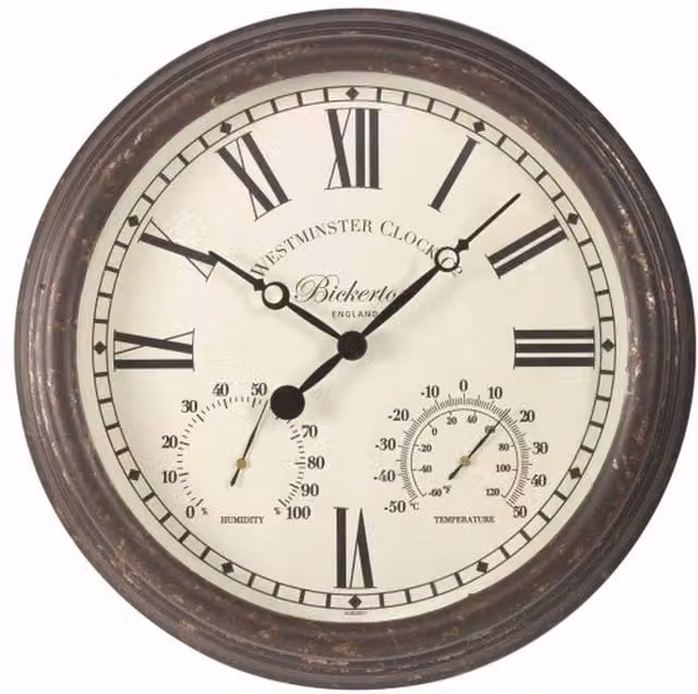 Bickerton Classic Round Quartz Wall Clock and Thermometer in Brown, Diameter: 38.1 cm