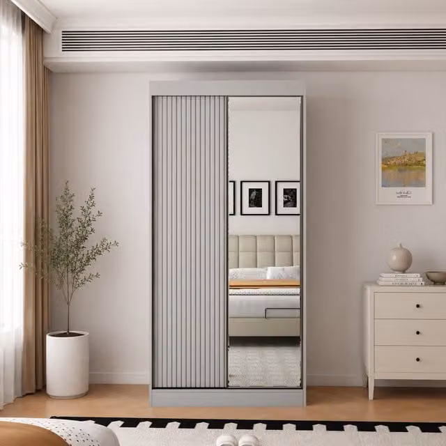 KDMD Berlin 100cm Grey Sliding Door Wardrobe with Mirror and Ribbed Panel