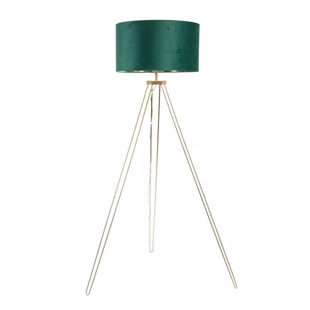 ValueLights Aero Gold Tripod Floor Lamp with Green Velvet and Gold Cylinder Shade – 2