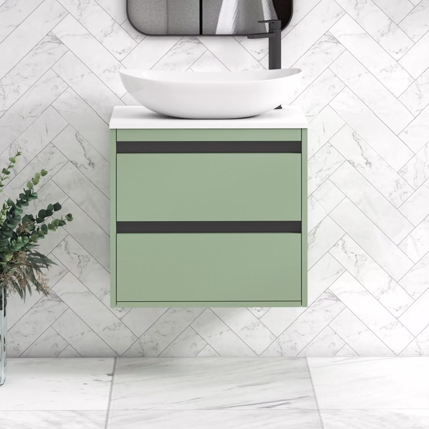 Royal Bathrooms Orion 600mm Mint Sage Wall Hung 2 Drawer Vanity Unit with Cesar Basin and Black Accent Trim