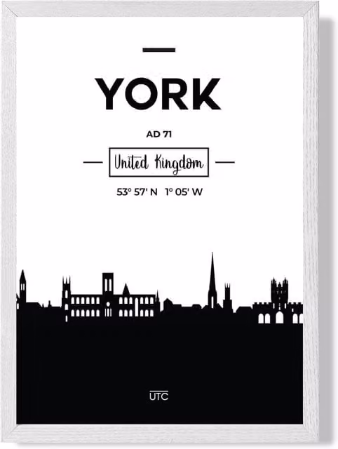 ARTZE York Black and White City Skyline Framed Print with White Frame