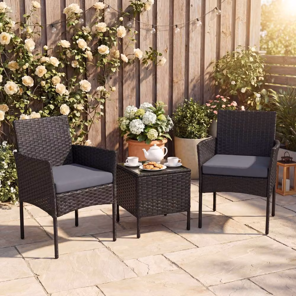 Costway 3-Piece Grey Rattan Garden Conversation Set with Cushions and Glass Top Table – 8
