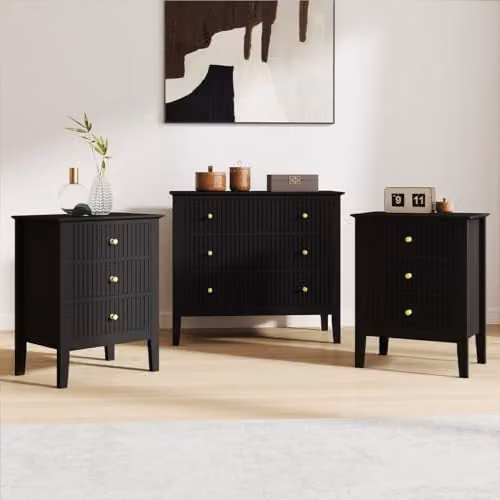 Melody Maison Hales Black Range 3 Drawer Chest of Drawers and Pair of Bedside Tables in Black and Gold