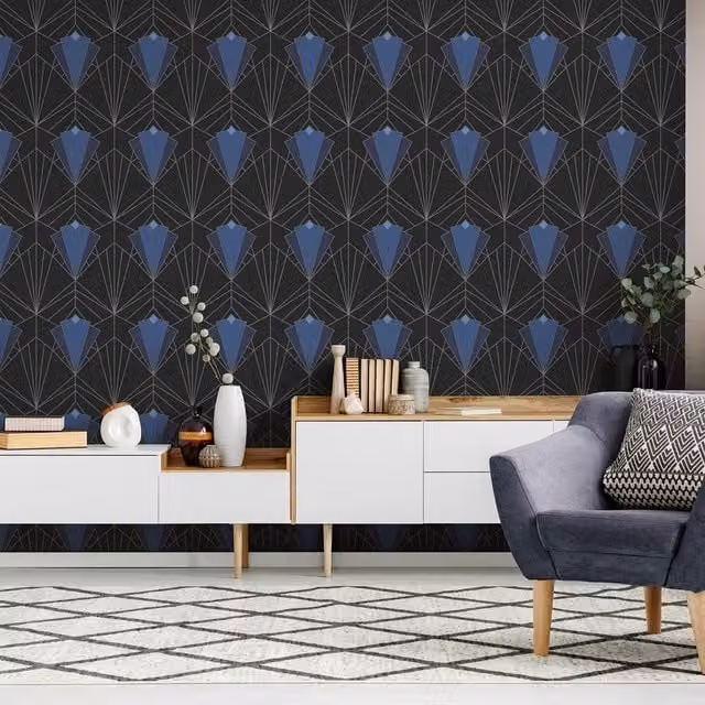 Debona Abstract Geometric Art Deco Vinyl Wallpaper in Blue, Black and Silver