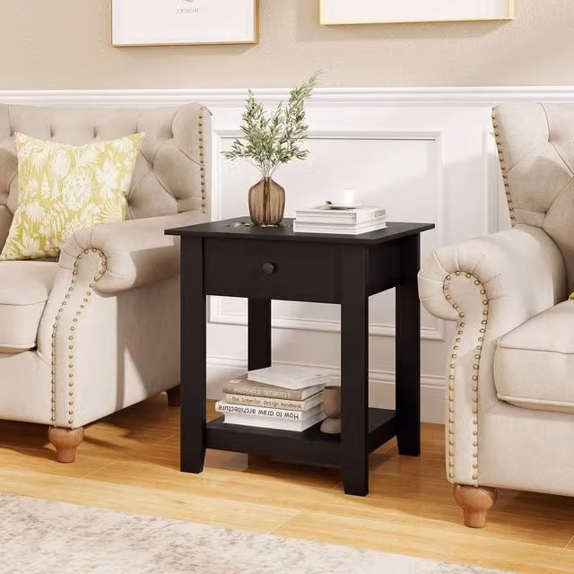 FORGEVIO 3-Tier Modern Bedside Table with Drawer, Black