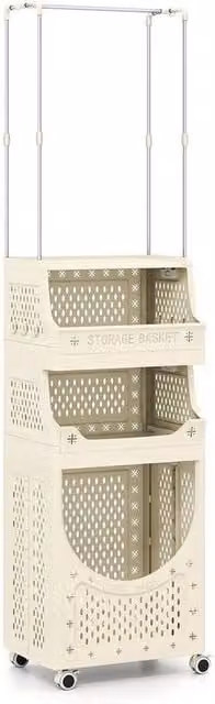 FORGEVIO 4-Tier Foldable Laundry Cart with Hanging Bar and 8 Hooks in Beige – 1