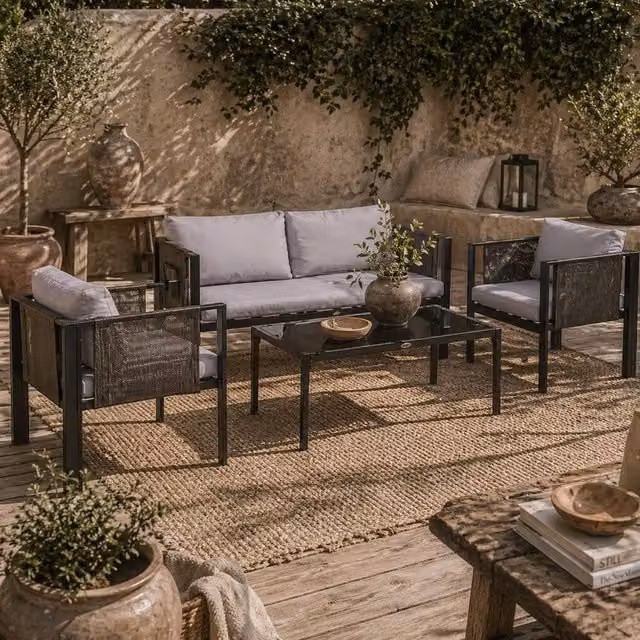Wyld Haus Vafa 4 Seater Garden Sofa Set with Black Metal Frame and Grey Cushions – 1