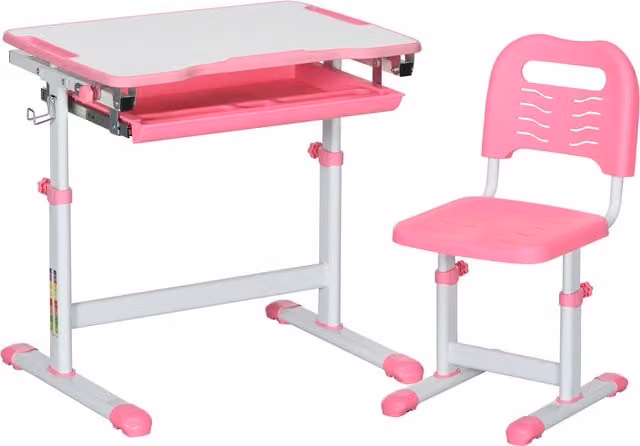 HOMCOM Height Adjustable Kids Desk and Chair Set with Tilting Top, Pink