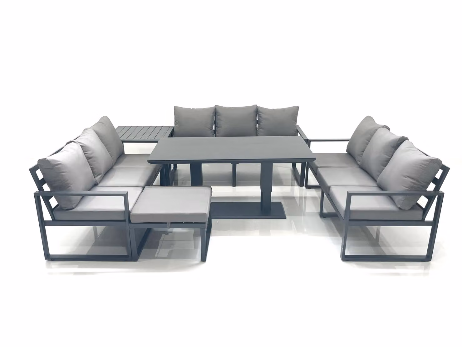 Fimous 10 Seater Aluminium Garden Sofa Set with Height Adjustable Dining Table, Side Table and Large Footstool in Dark Grey – 2