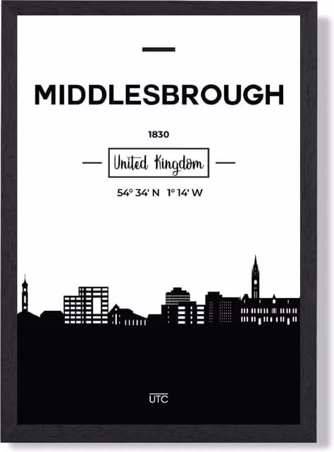 ARTZE Middlesbrough Black and White City Skyline Framed Print