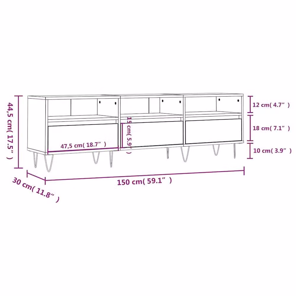 Berkfield Home Industrial TV Cabinet in Concrete Grey, W: 150 cm, D: 30 cm, H: 44.5 cm – 3