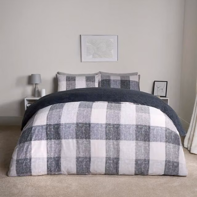 OHS Grey Gingham Check Teddy Fleece Duvet Set, Single, 90 x 200 cm