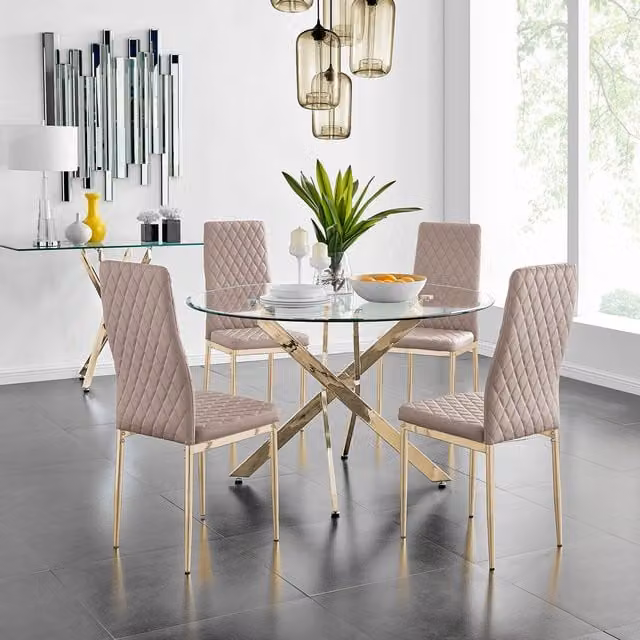 FurnitureboxUK Novara Gold Round Glass Dining Table and Four Milan Chairs in Cappuccino, Diameter: 120 cm