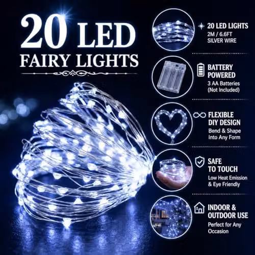 Shatchi 20 LED Cool White Battery Operated String Lights with Silver Copper Wire – 5