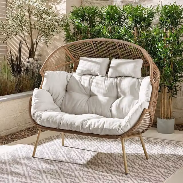 FurnitureboxUK Egg Outdoor Garden Double Chair in Light Brown with Beige Cushions