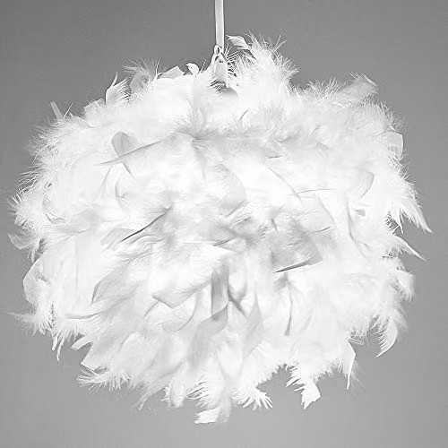 Happy Homewares Modern White Real Feather Decorated Round Pendant Light Shade, Diameter: 40 cm – 2