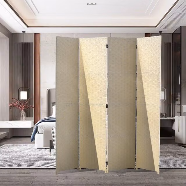 Livingandhome Ivory Foldable Room Divider Woven-Fibre Partition in Beige and White